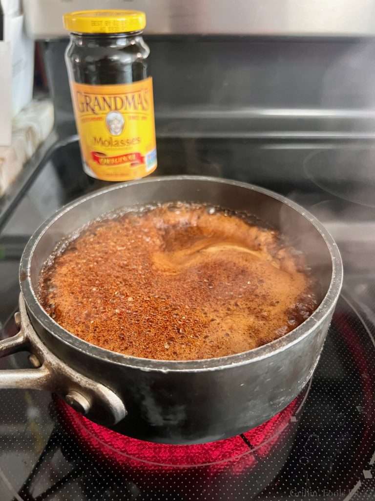 Homemade BBQ Sauce simmering briskly on the stove
