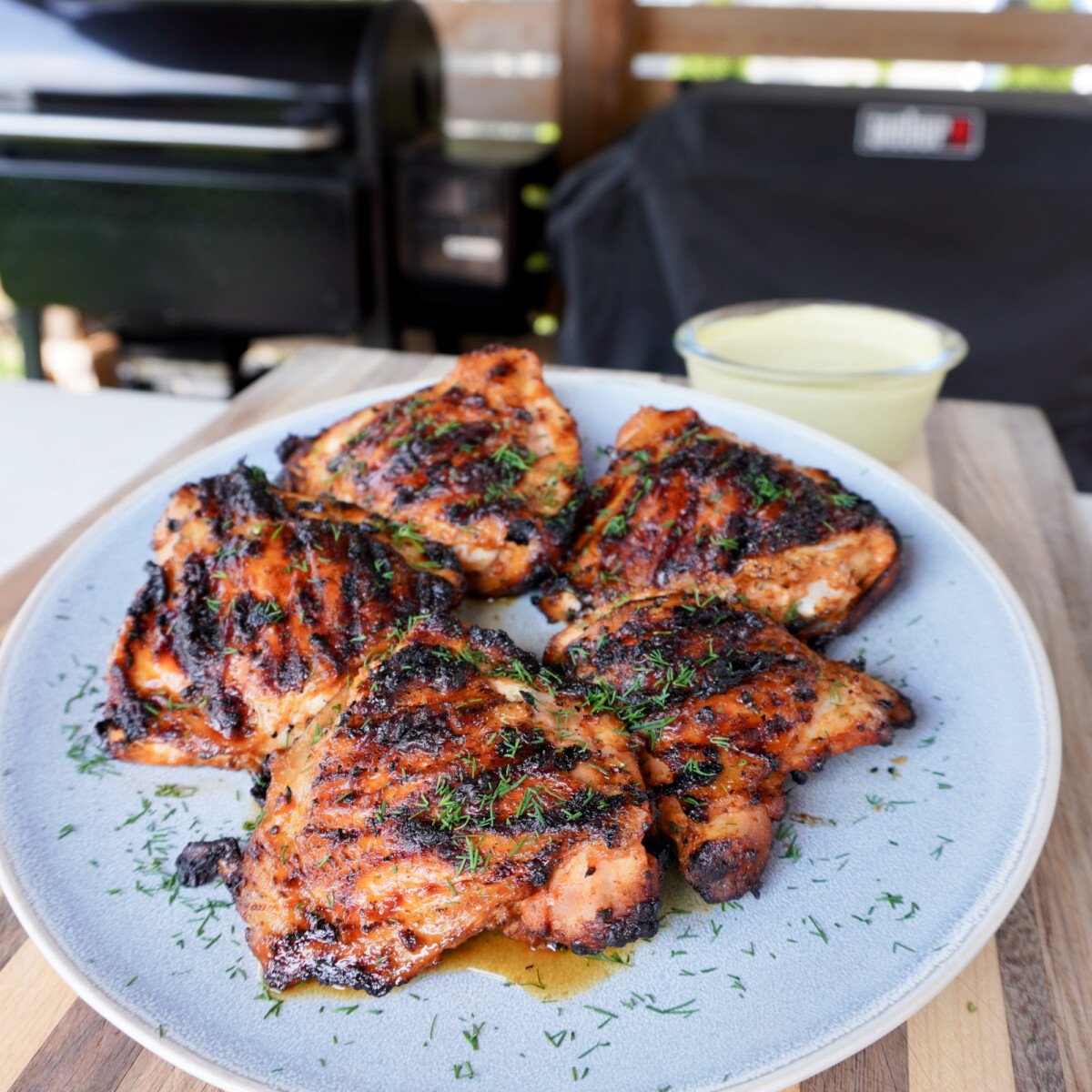 Grilled Lemon Dill Chicken Thighs.