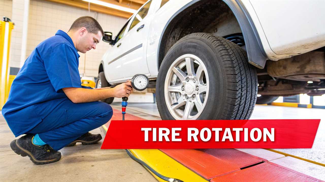 A mechanic inspecting a truck tire tread depth with a gauge