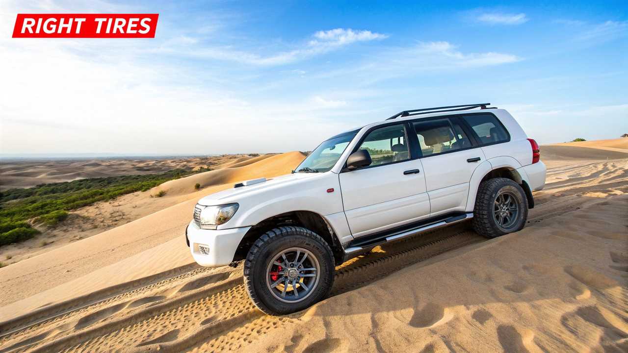 A 4x4 vehicle driving across a vast expanse of sand, kicking up a small plume of dust.