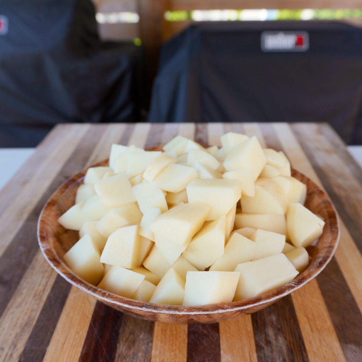 Diced raw Idaho potatoes.