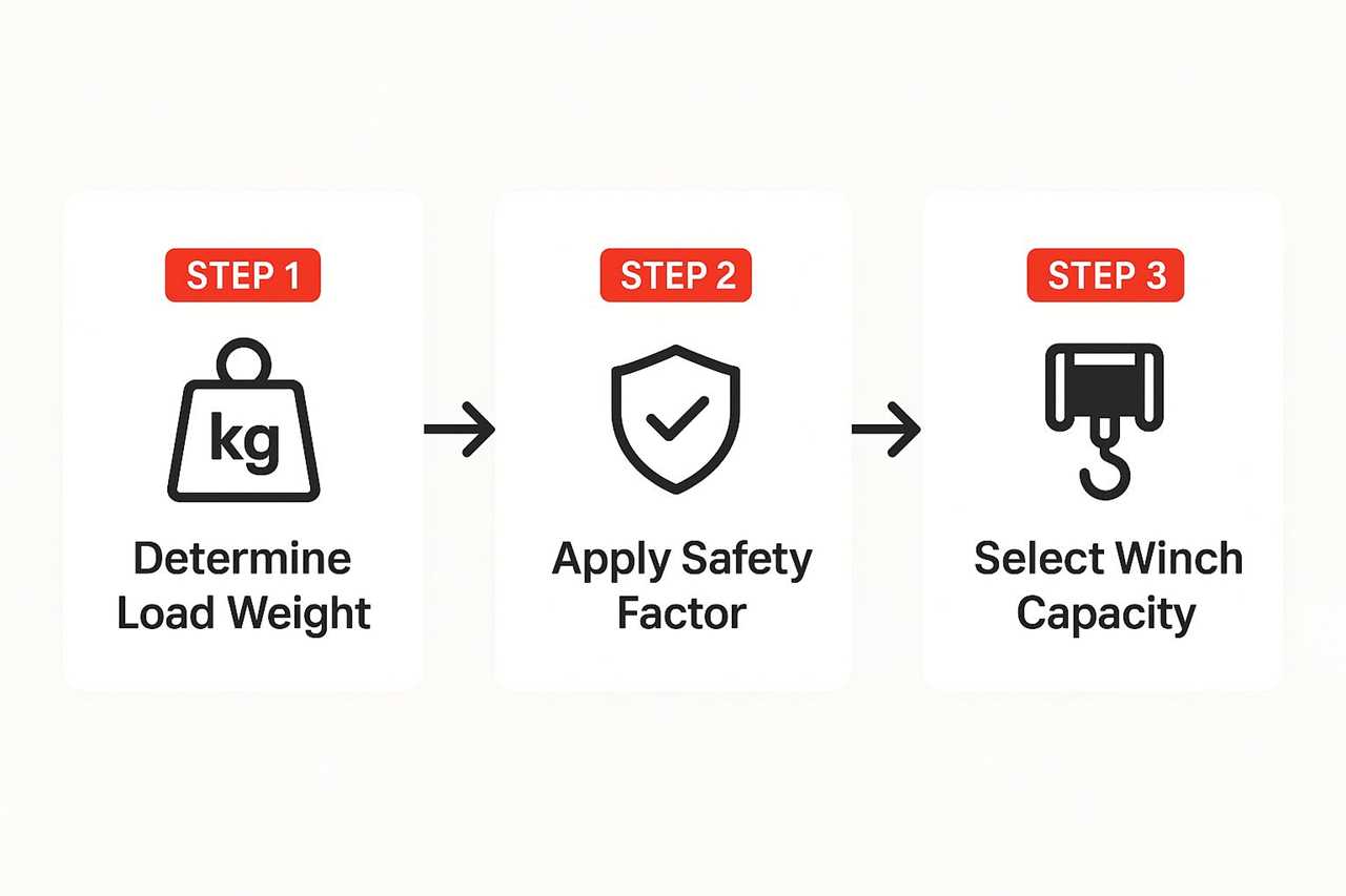 Infographic showing a three-step process: Determine Load Weight, Apply Safety Factor, and Select Winch Capacity.