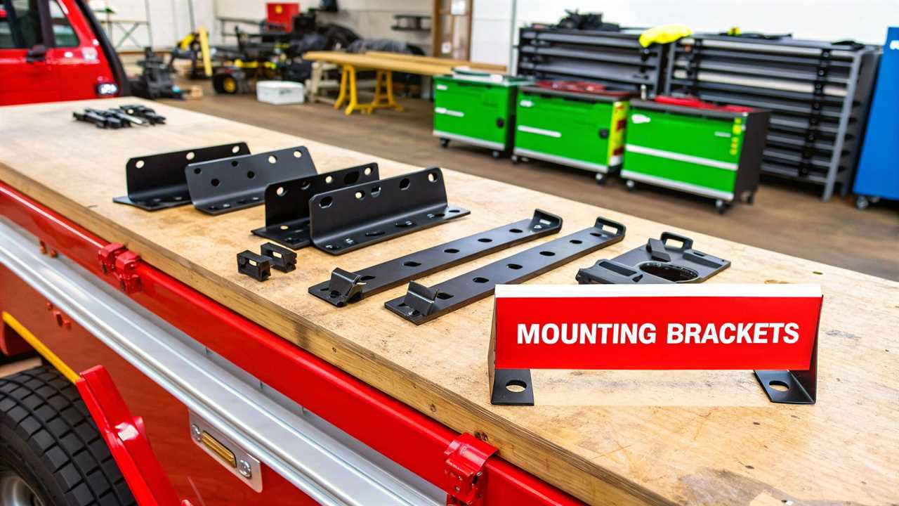 A collection of tools like wrenches, drills, and sockets laid out on a wooden surface, ready for a truck toolbox mounting project.