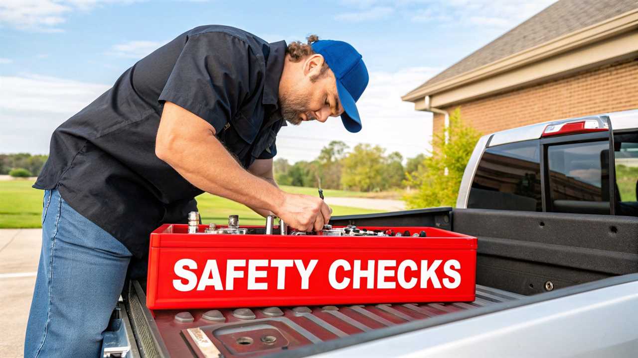 A person checking the tightness of bolts on a newly installed truck toolbox with a torque wrench.