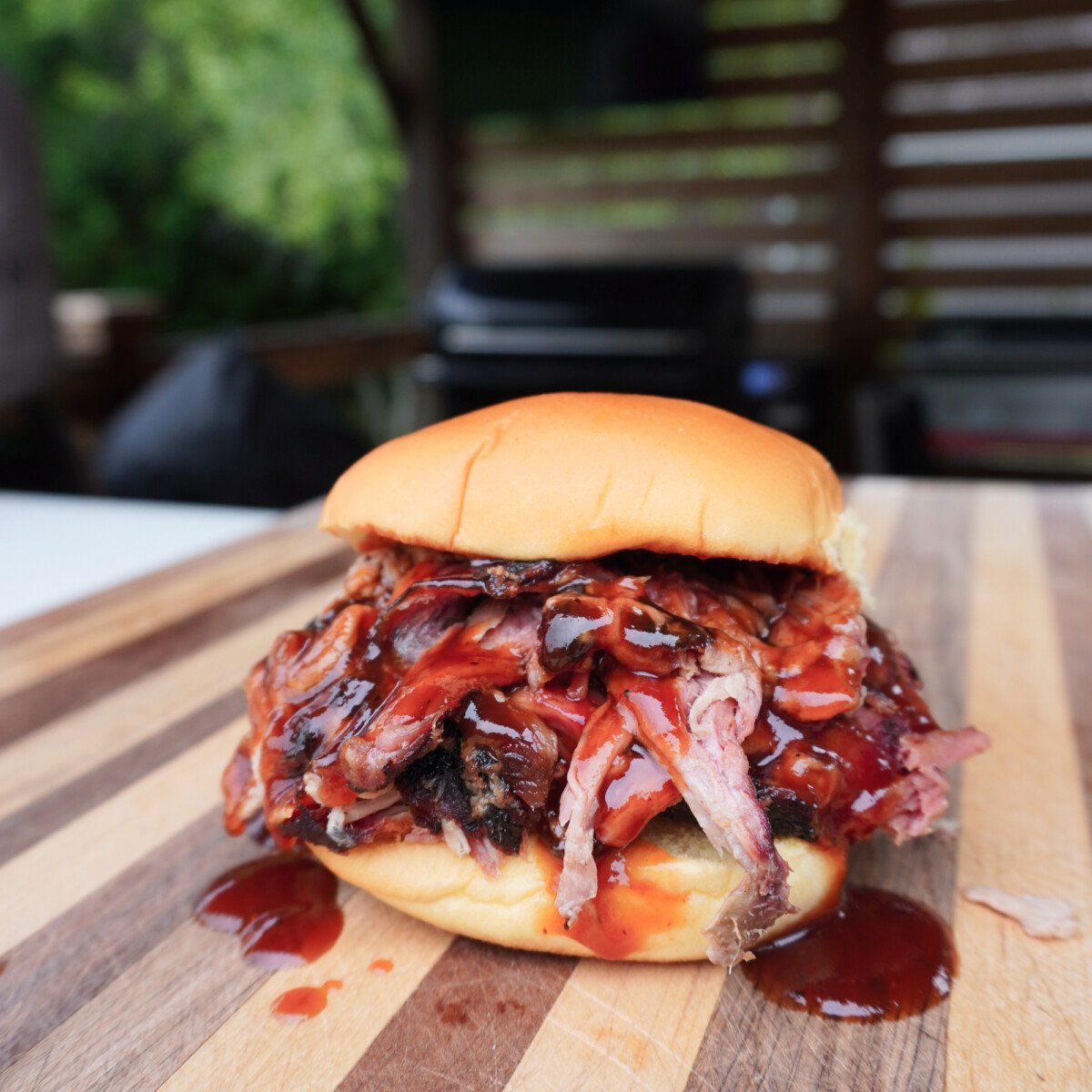 Beer Injected Pulled Pork Sandwich with BBQ sauce.