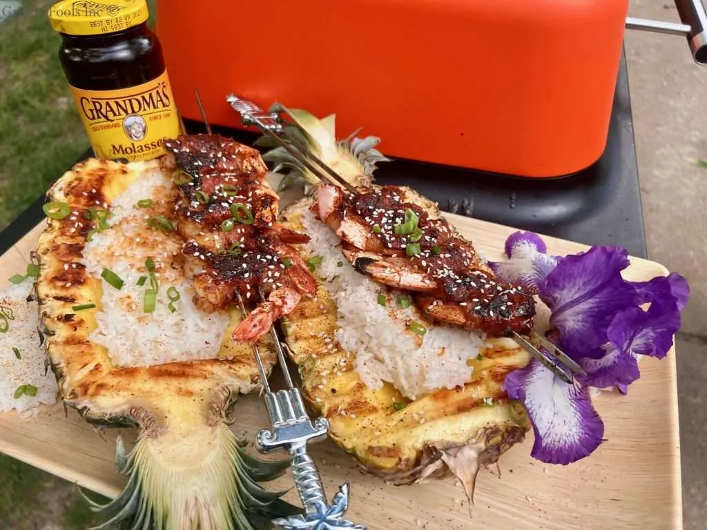 BBQ Shrimp Skewers on a Pineapple Boat