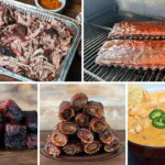 collage of smoker recipes including pulled pork, smoked ribs, brisket burnt ends and queso dip.