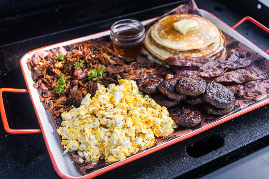 a full breakfast cooked on the griddle served family style
