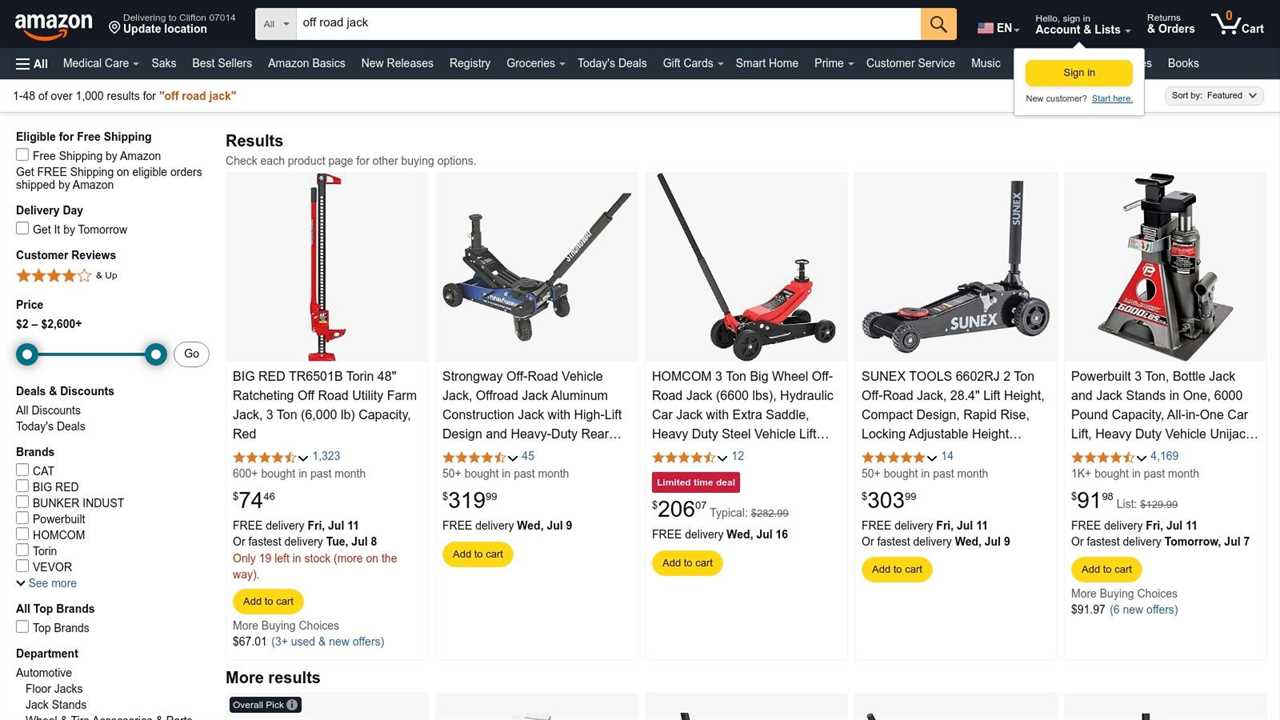An image showcasing the Amazon search results page for "off road jack," displaying various products and brands.
