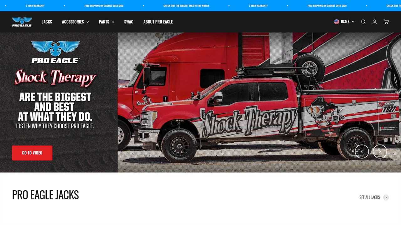 The Pro Eagle website homepage showcasing their lineup of rugged, high-clearance off-road jacks.