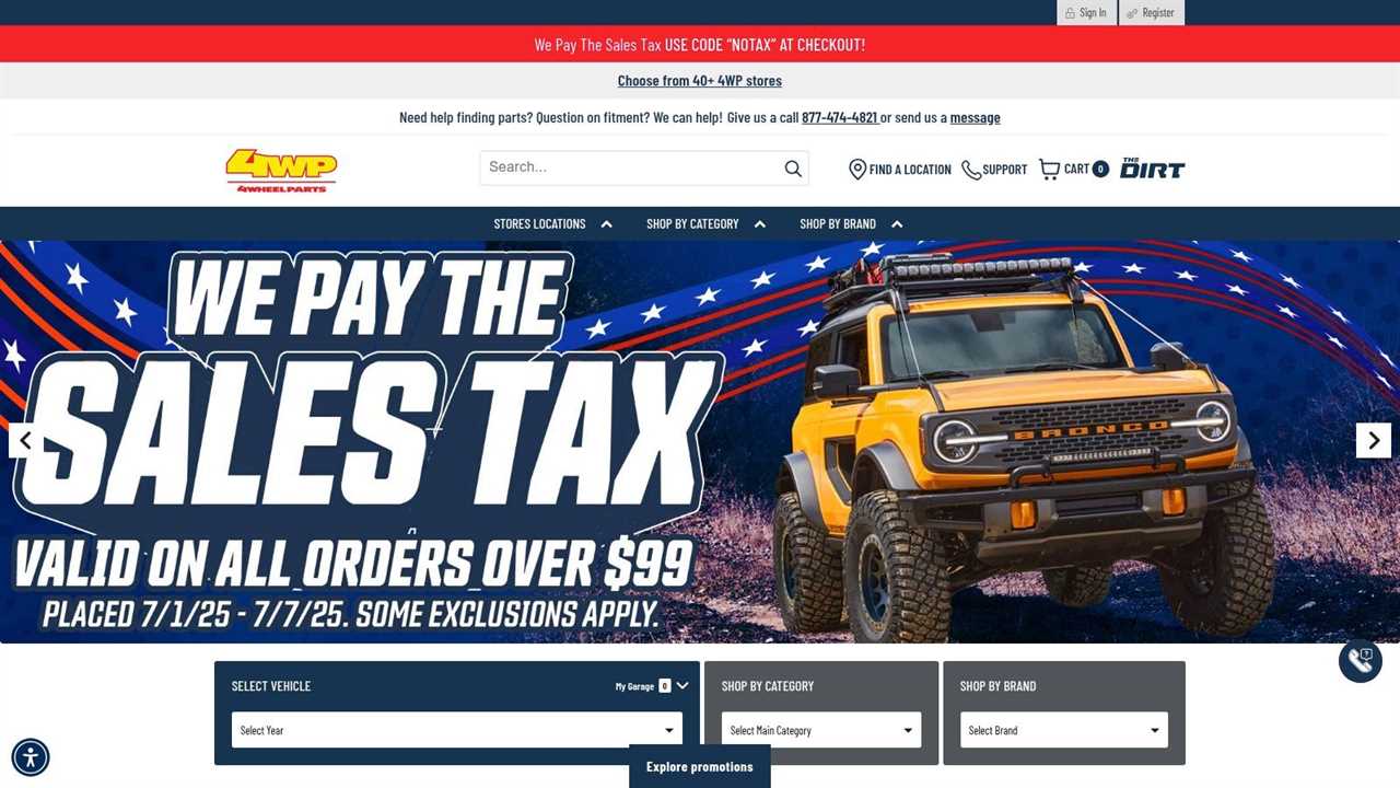 The 4 Wheel Parts website homepage showcasing various off-road products and promotions.