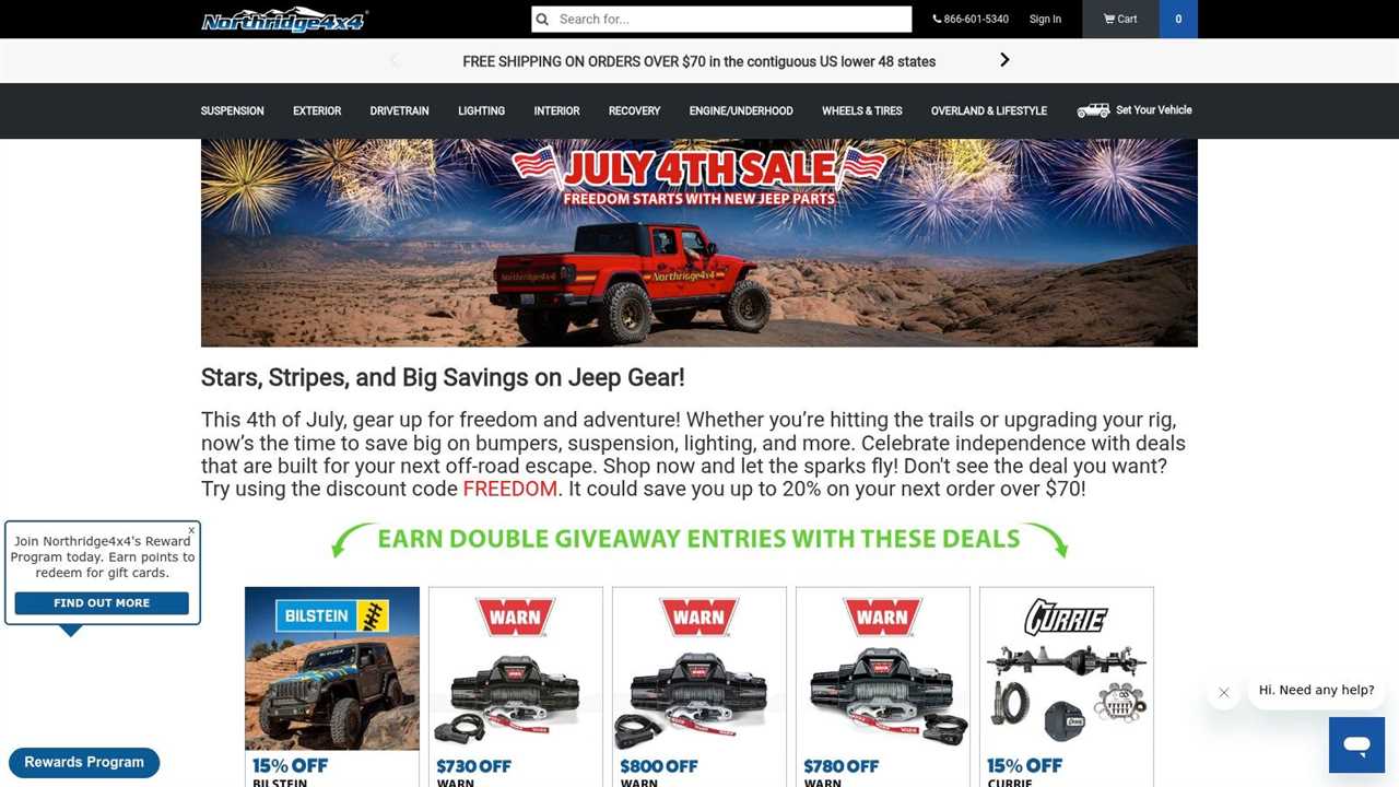 The Northridge4x4 website homepage showcasing featured products and off-road vehicles.