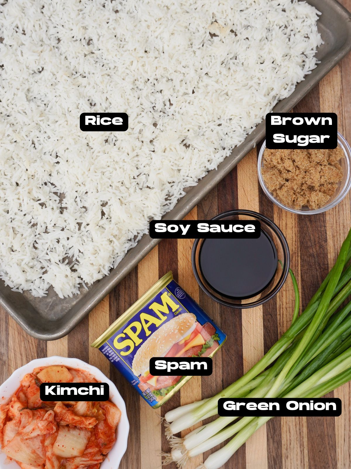 Ingredients for kimchi fried rice.