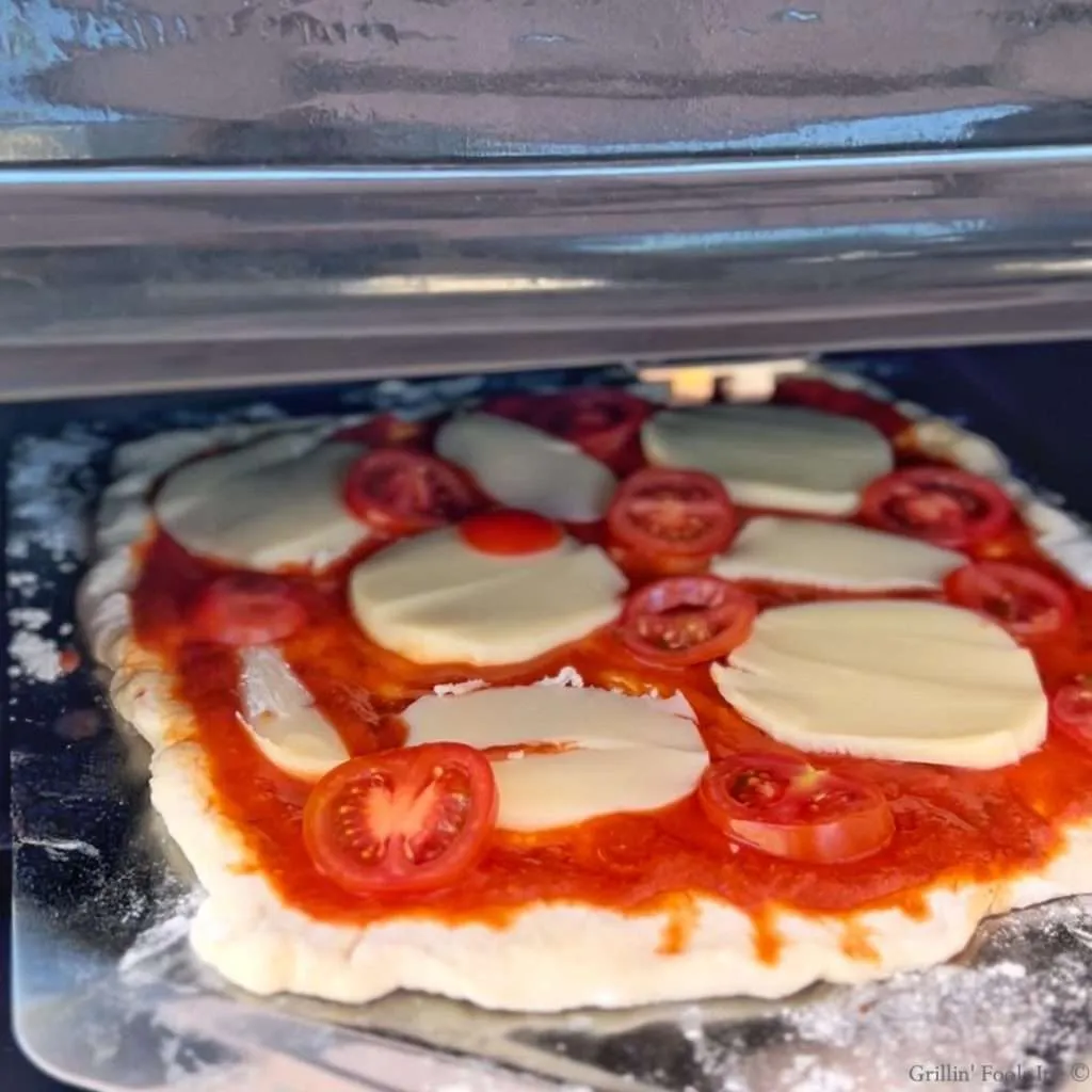 Pizza Margherita going into the Pizza Oven