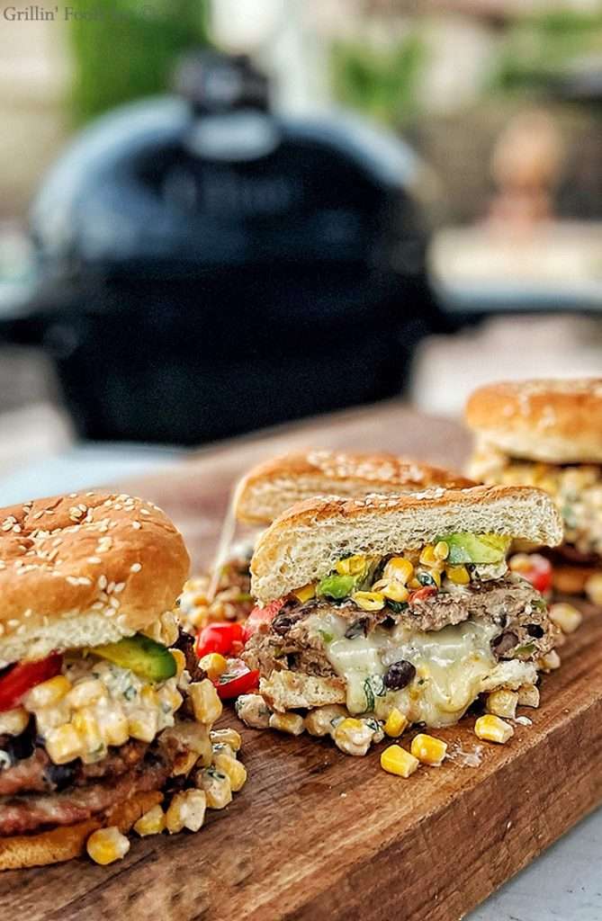 Served Cheese Stuffed Grilled Turkey Burgers with Corn Relish