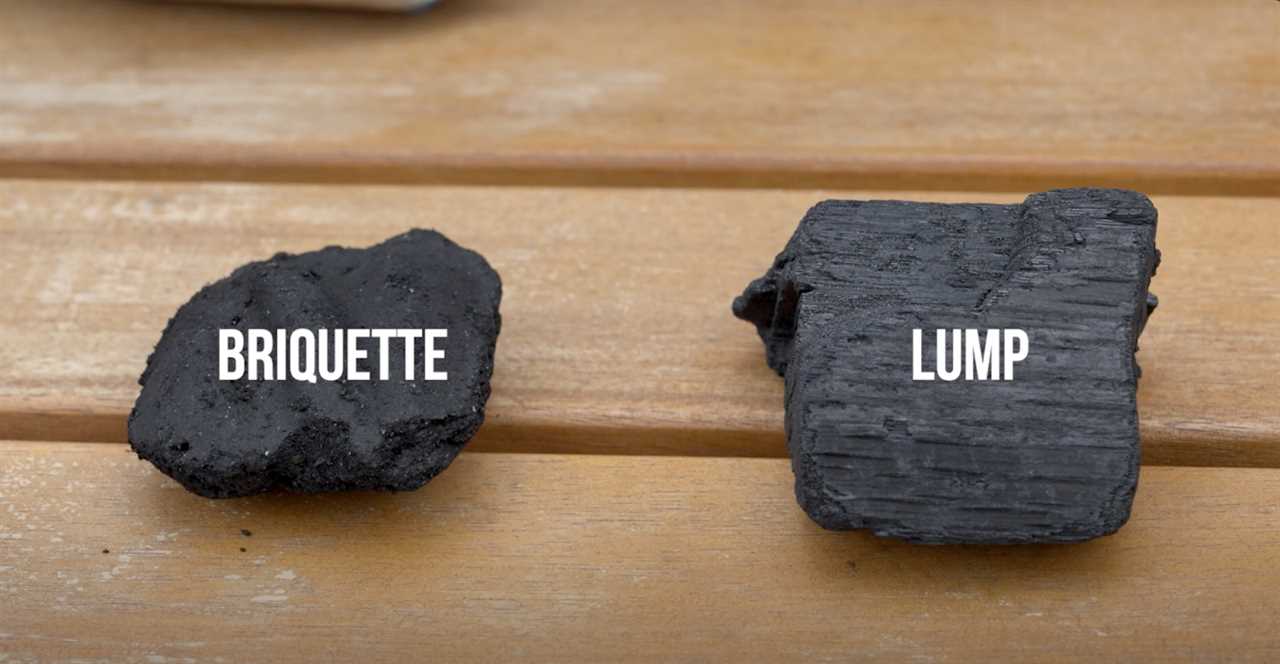 A piece of briquette charcoal and a piece of lump charcoal.