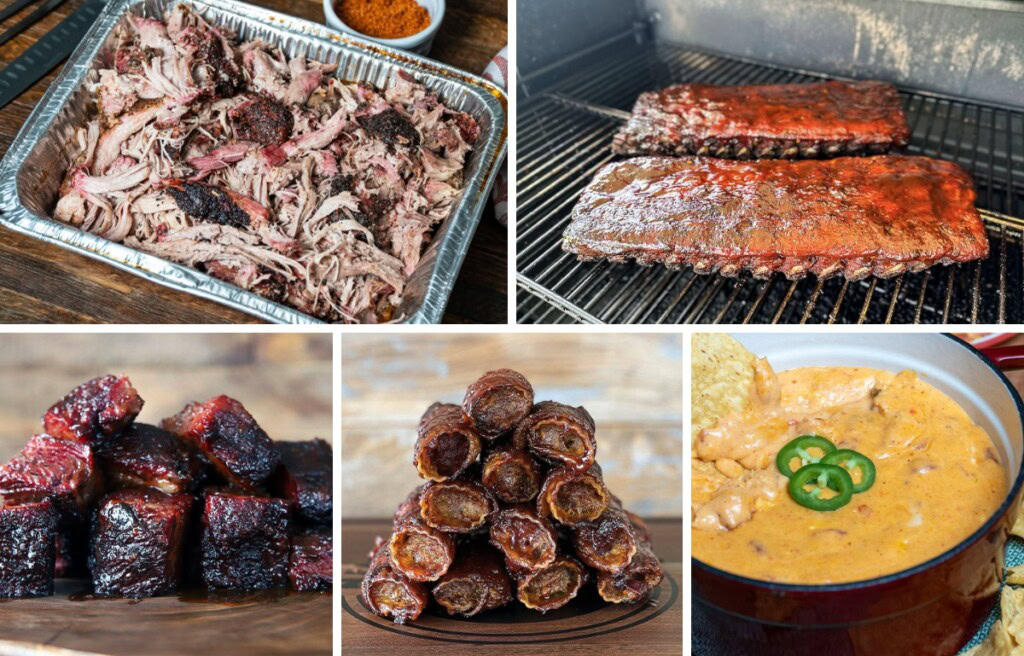 collage of smoker recipes including pulled pork, smoked ribs, brisket burnt ends and queso dip.