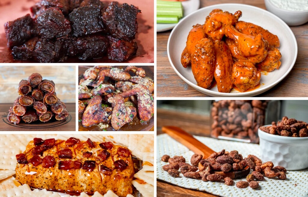 collage showing a collection of game day recipes including buffalo wings, smokeed cream cheese, nuts, shotgun shells and burnt ends
