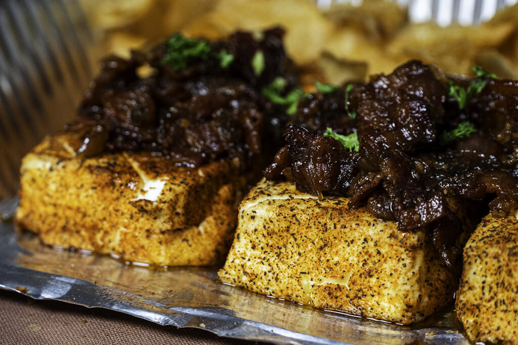 bacon jam on top of smoked cream cheese