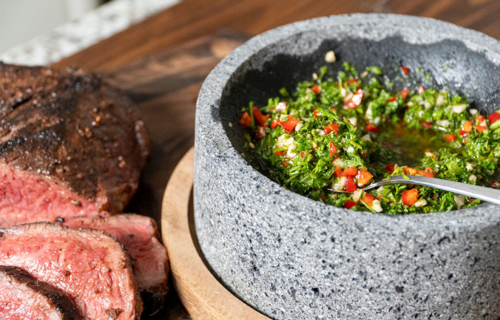 chimichurri in a grey bowl
