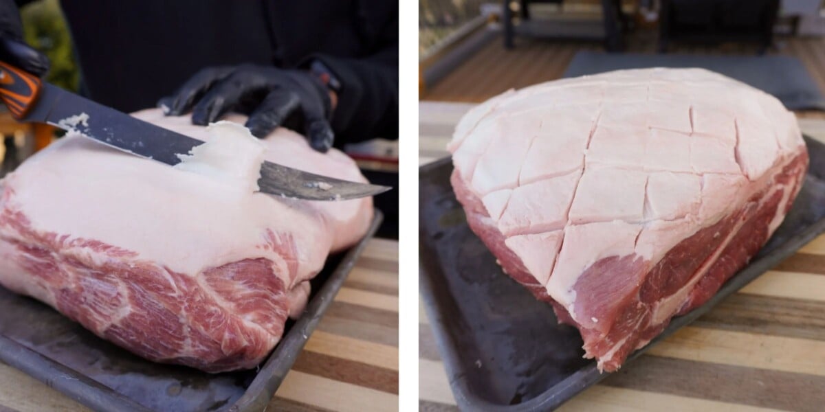 dual images showcasing prep work on a pork shoulder.  Trimming access fat and scoring.