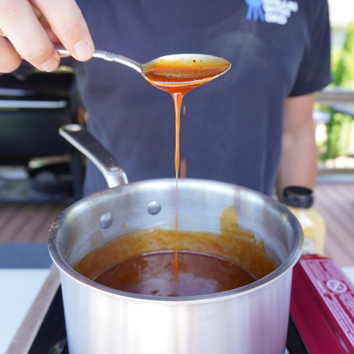 mustard bbq sauce in saucepan. 