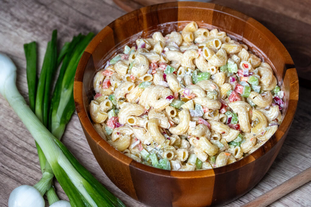 a lovely bowl of the best macaroni pasta salad for bbq