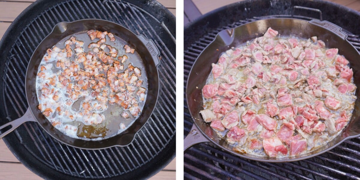 Cast iron skillet on the grill with bacon on the left and sliced beef carne on the right.