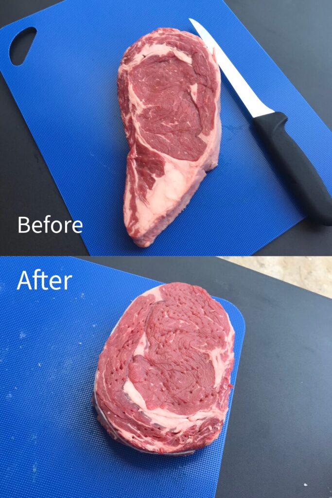 Two images labeled Before and After. The top shows a large raw SCA Steak and a knife on a blue cutting board. The bottom shows the same steak, now expertly cut into a thick round piece, resting on the board.