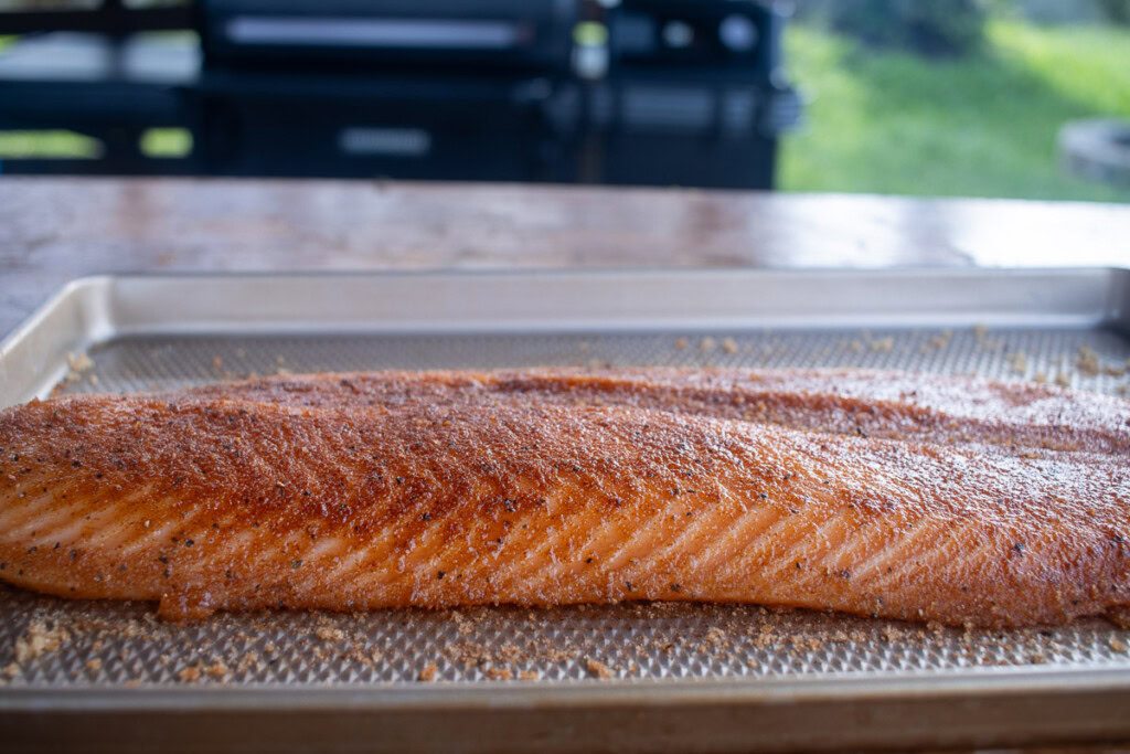 a side shot of a seaoned raw salmon filet