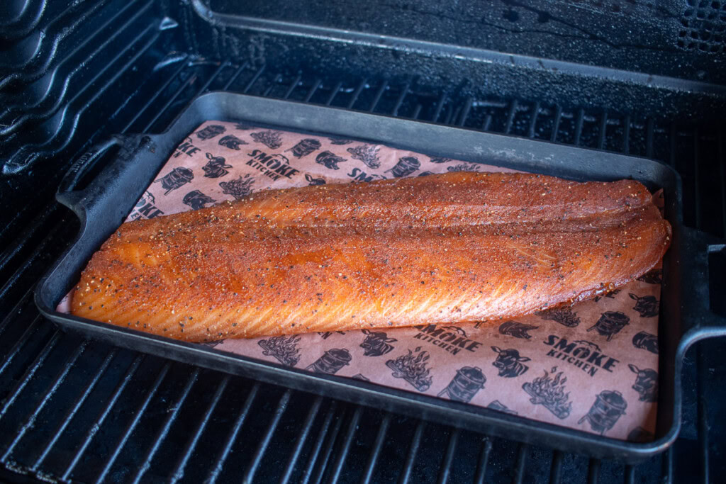 salmon filet smoking in the pellet grill
