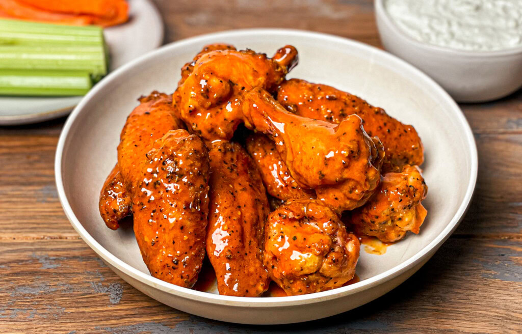 Bowl of smoked buffalo wings coated in glossy orange sauce, served with celery, carrots, and a bowl of ranch dip on a wooden table.