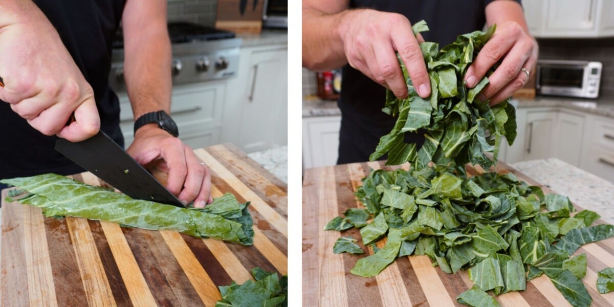 slicing steps for collard greens.