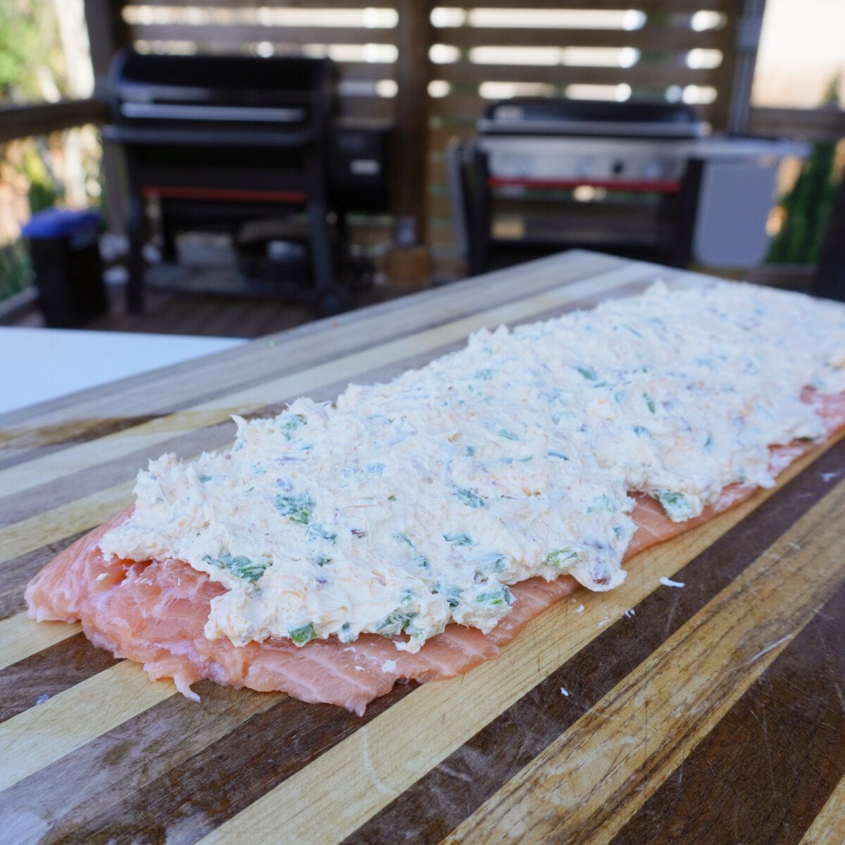 salmon filet with cream cheese filling on top.