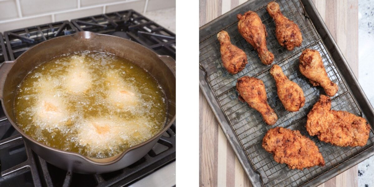 Chicken cooking in hot oil on the left and Homemade Crispy Fried Chicken resting on the right.