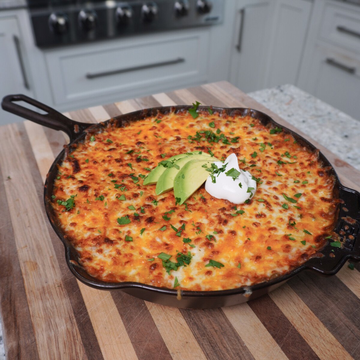 broiled cheese over skillet.