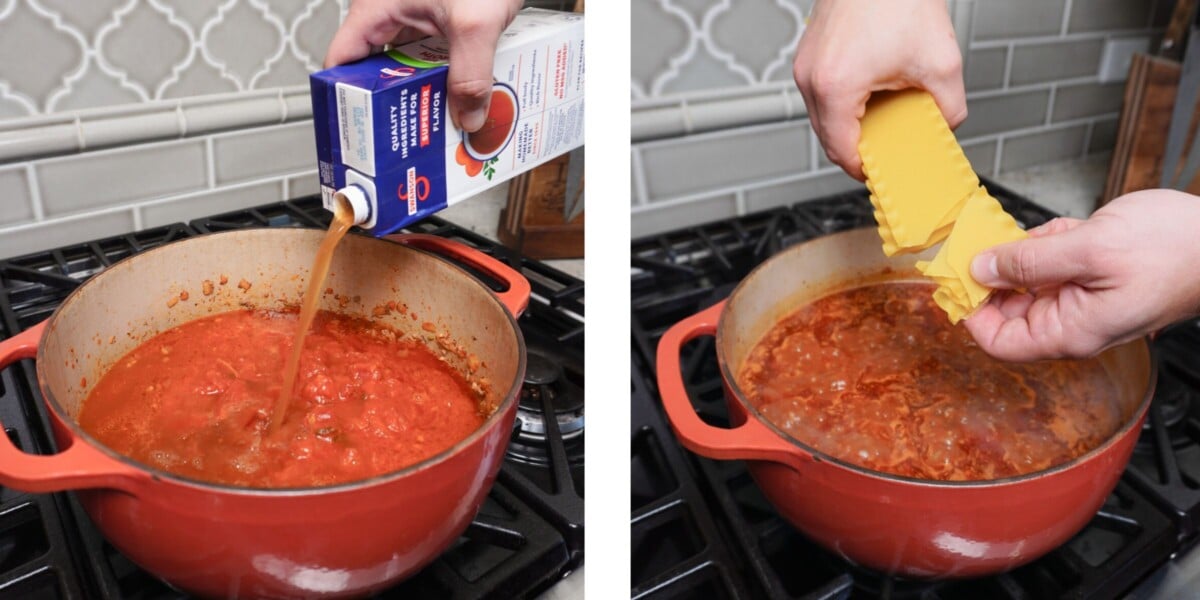 Left, broth being added to the Lasagna soup, on the right, breaking up lasagna noodles to the soup.