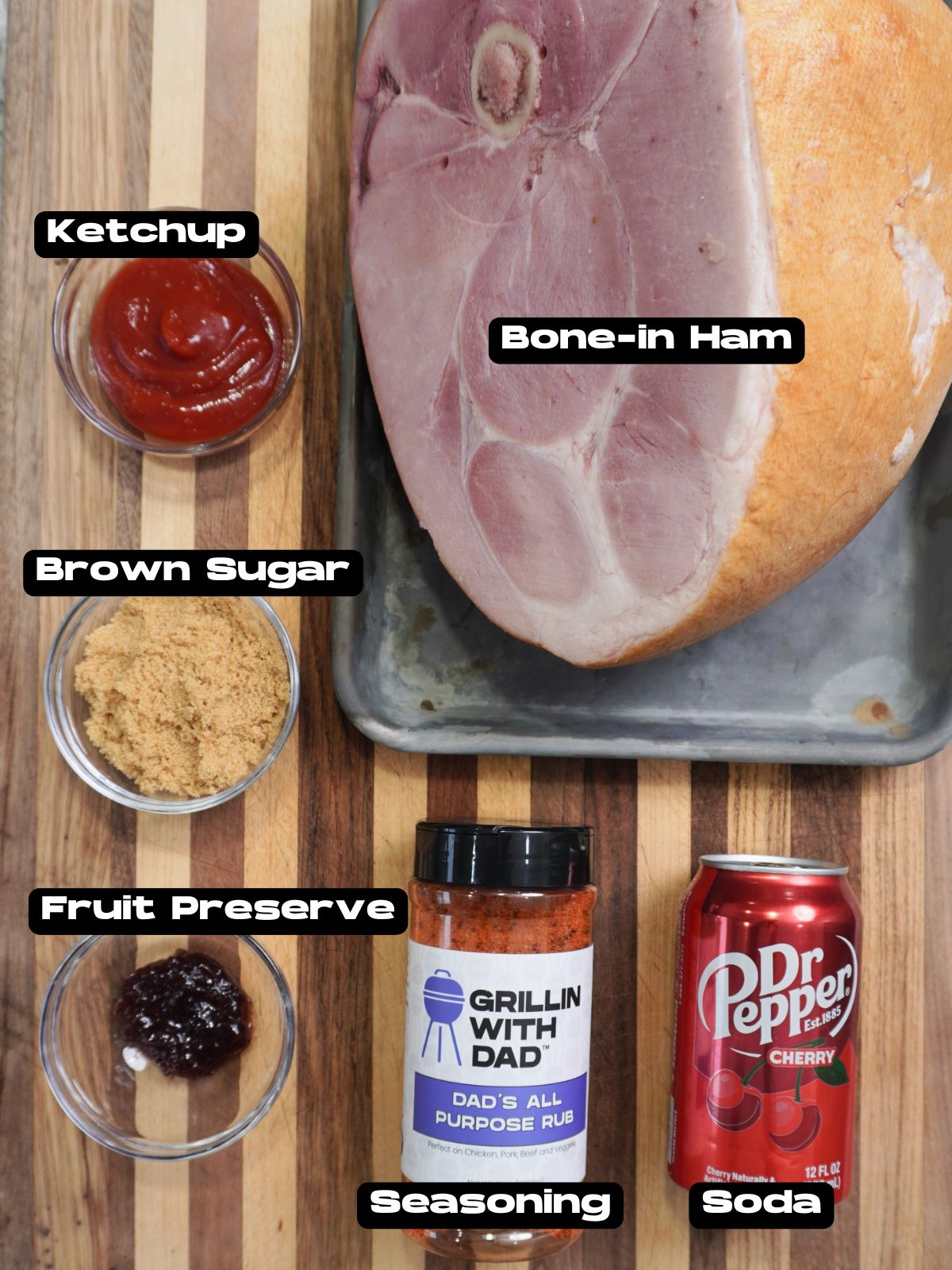 Ingredients needed for a shredded ham with cherry dr. pepper sauce.