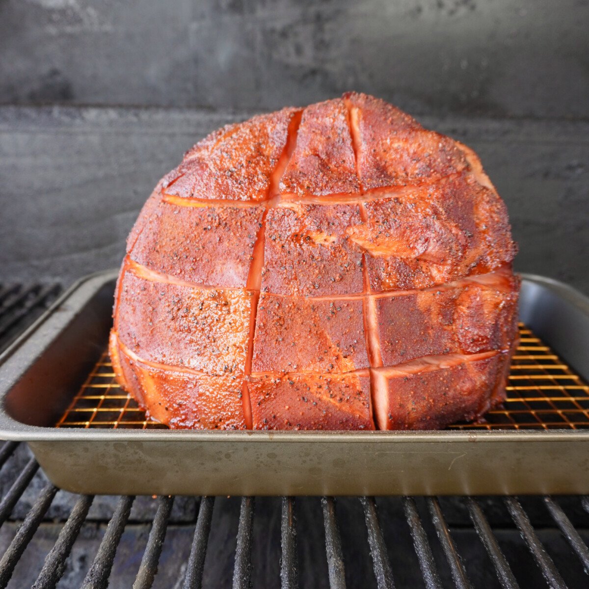 ham on grill in pan.