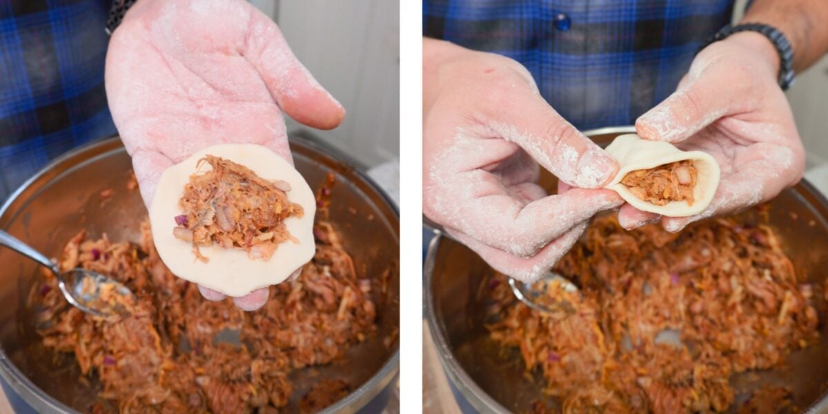 Filling and sealing pulled pork pierogi.