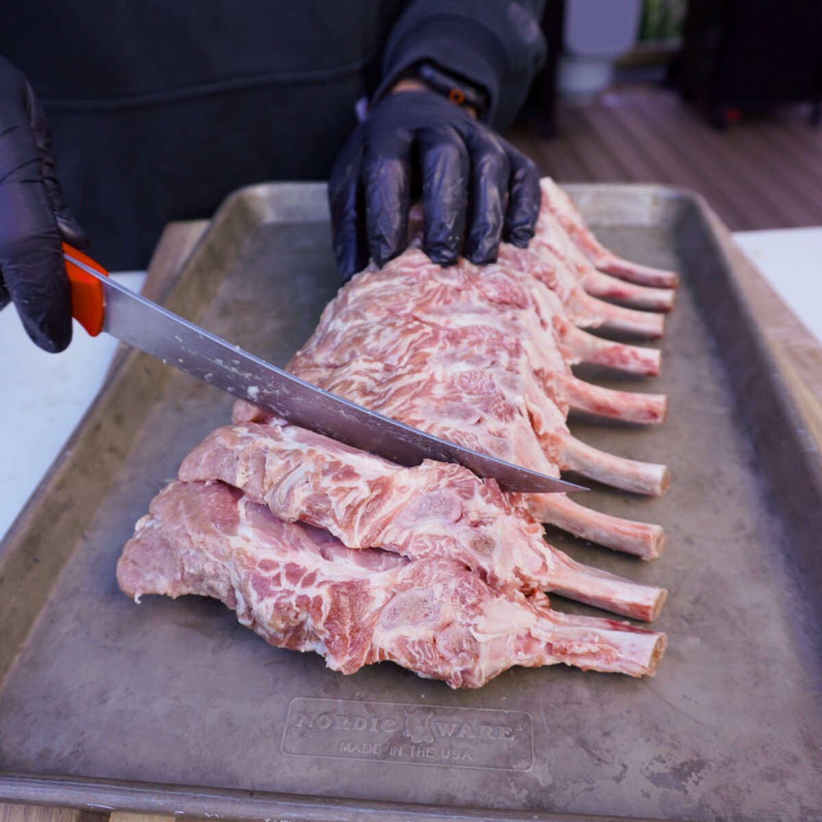 scoring the bone in pork loin.