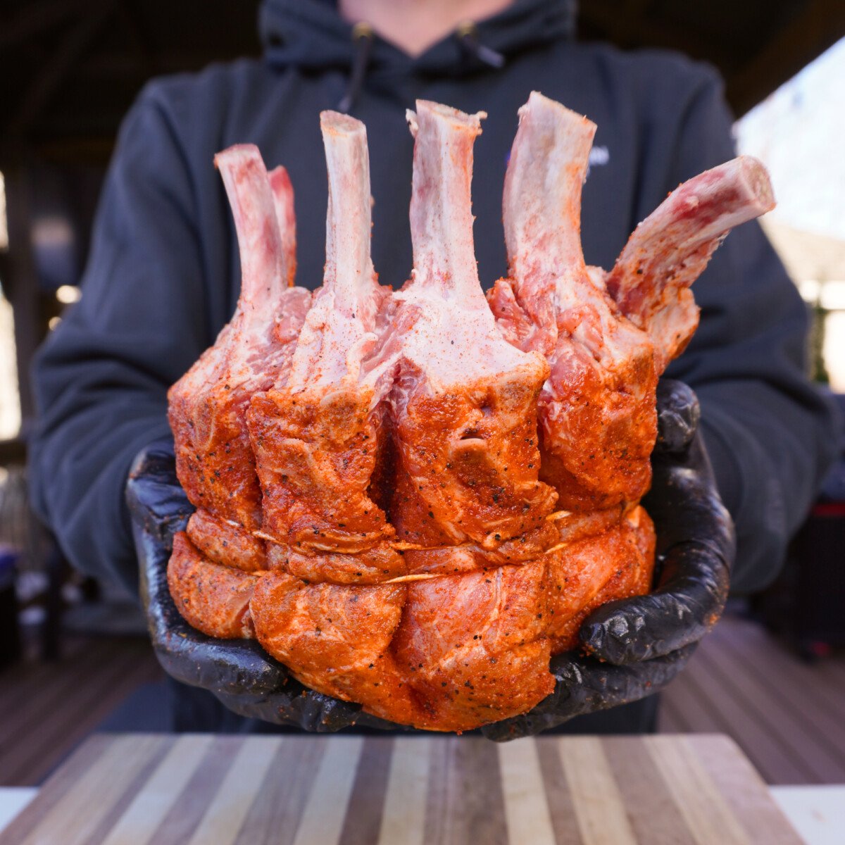 tied and reasoned raw crown roast.