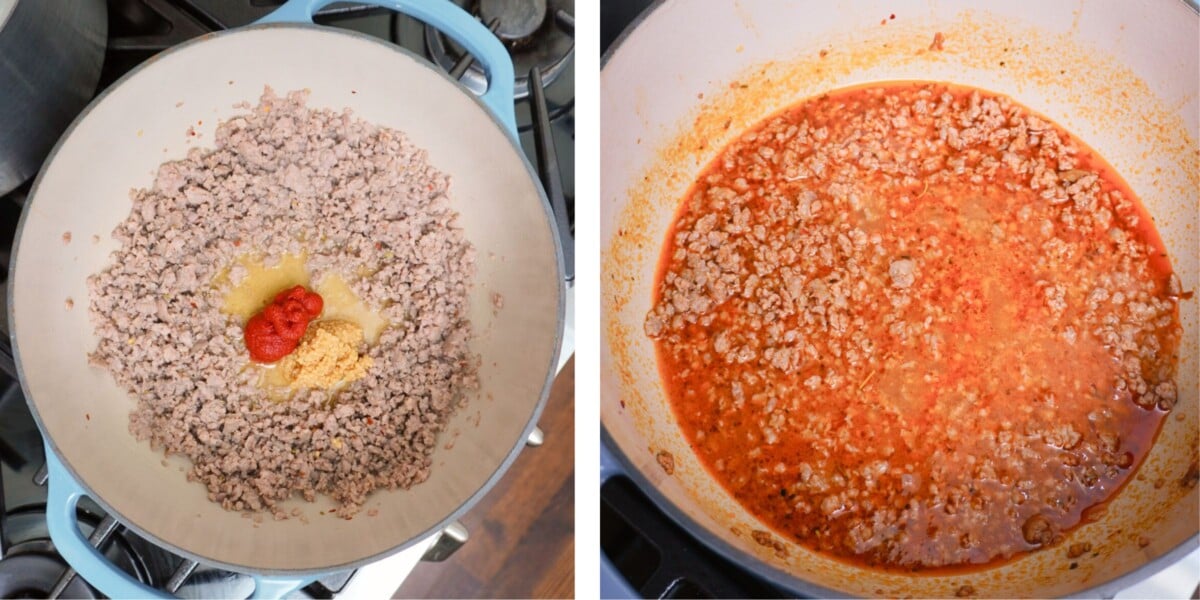 creamy Italian sausage pasta sauce in dutch oven.