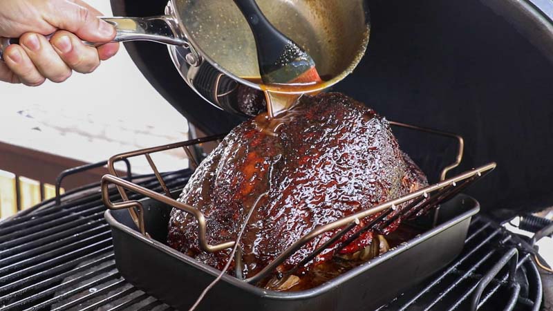 Double Smoked Maple Bourbon Glazed Ham on the Big Green Egg
