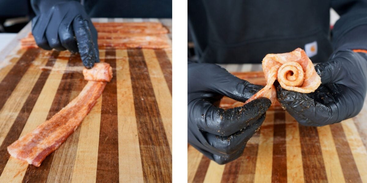 illustrations on how to form a rose using bacon.