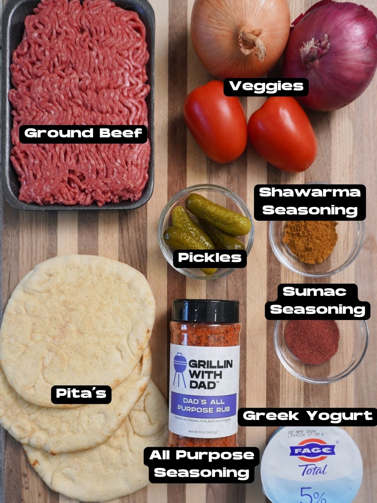 Ingredients needed to make Sheet Pan Beef Kebabs.
