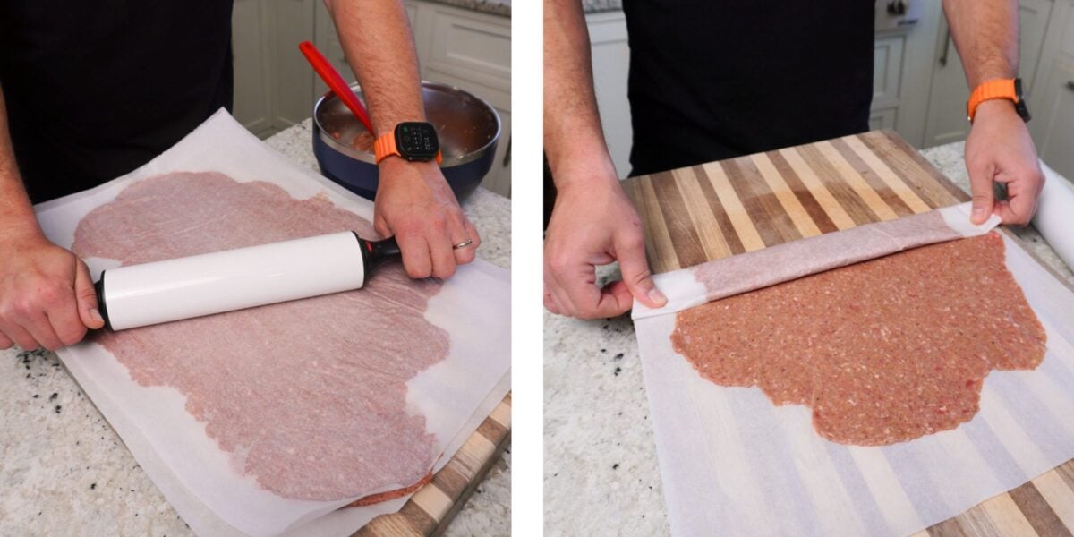 2 step demonstration on how to make ground beef kebabs with parchment paper.