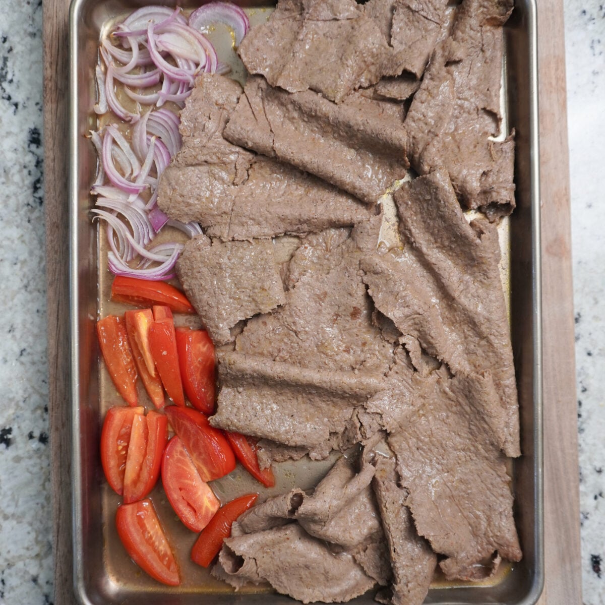 Baked sheet pan beef kebabs.