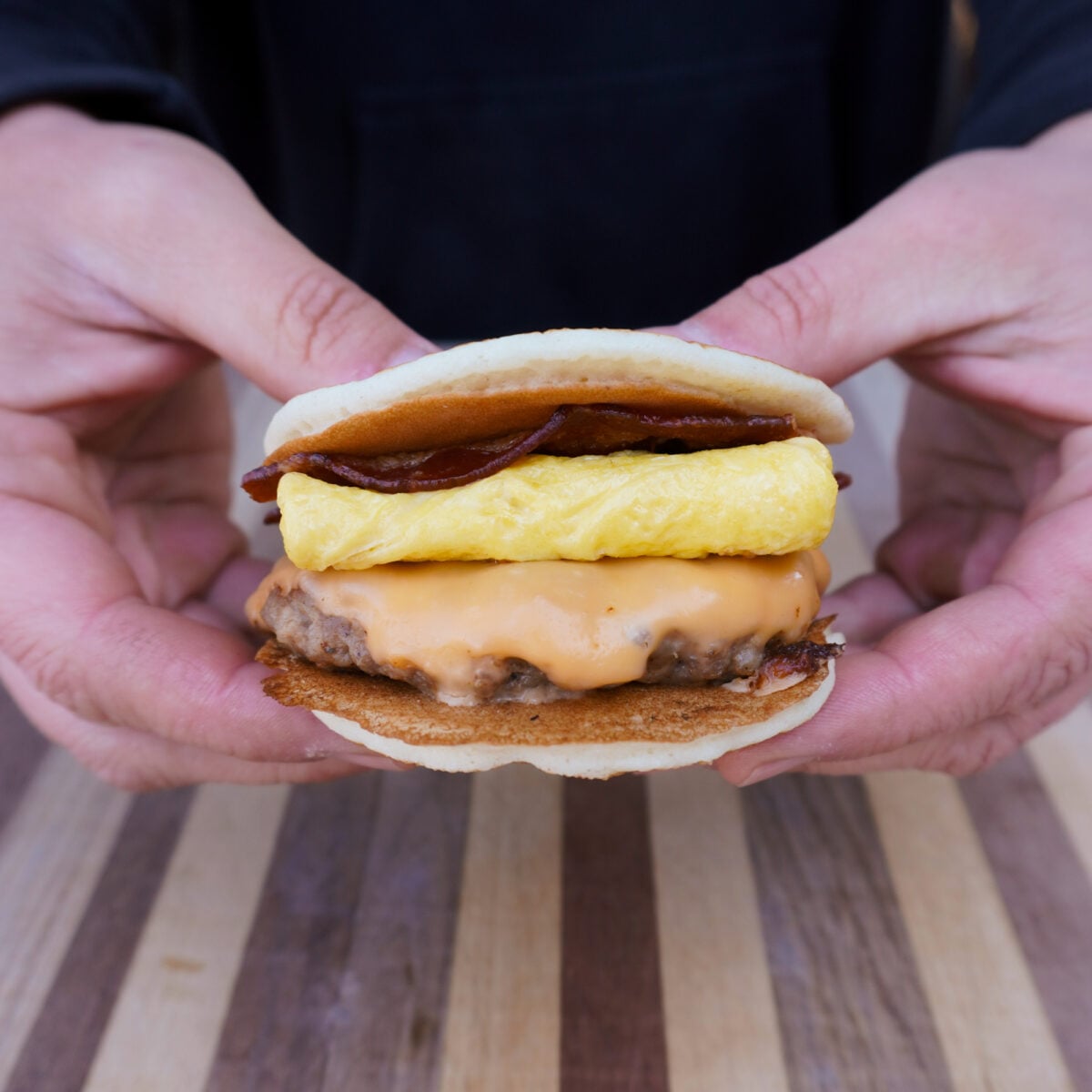 homemade McGriddle sandwich presented.