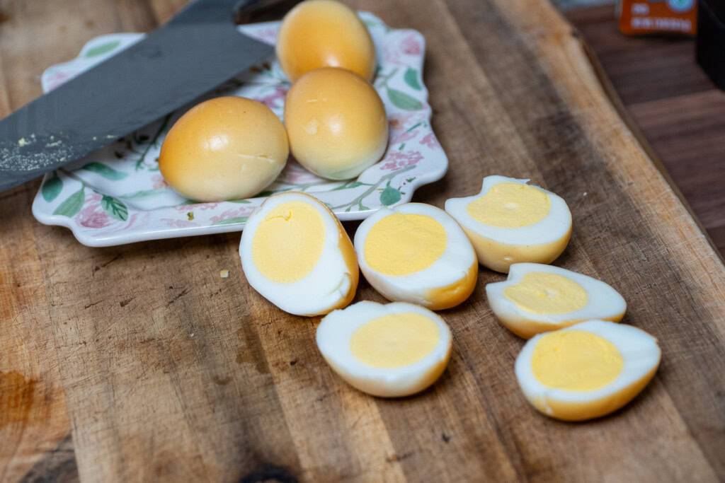 smoked boiled eggs cut in half